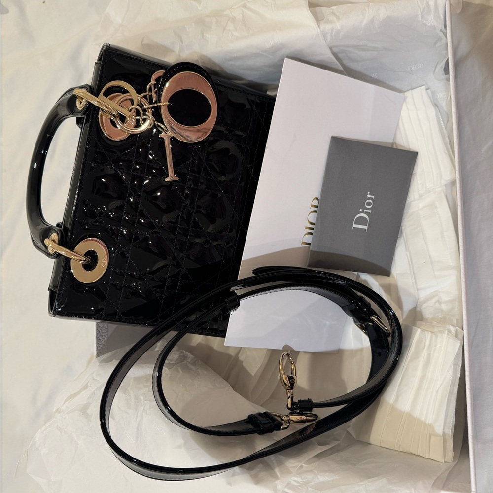 Lady Dior Small Black Patent Leather handbag  with Gold Accents